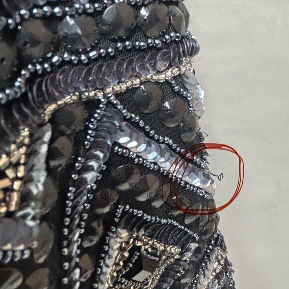 Adrianna Papell Beaded Mesh Sheath Dress Black Silver Sequin Art Deco Mod Mini - Picture 11 of 15